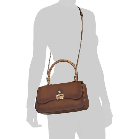 PRATESI Brown Made In Italy Leather East West Round Flap Handle Satchel - Picture 2 of 4